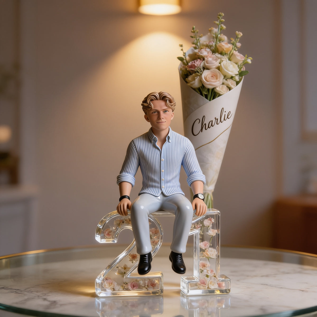 Personalized 21st Birthday Man Flower Bouquet Custom Shaped Acrylic Plaque Gift For Him