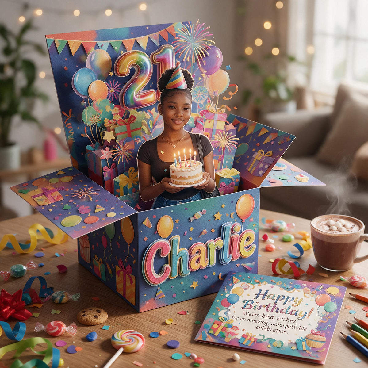 Personalized 21st Birthday Black Woman Pop Up Box Card, Milestone Birthday Gift