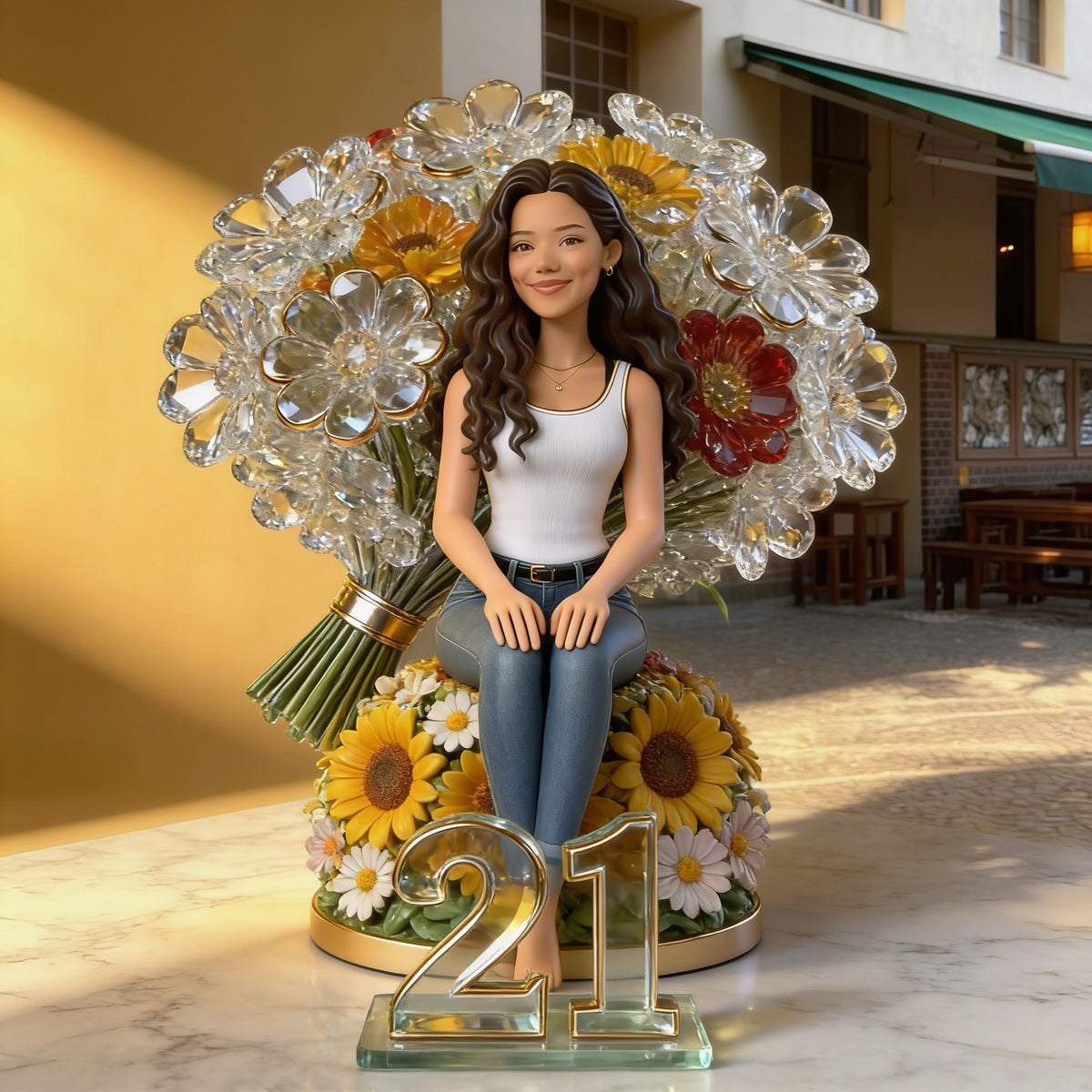 Plaque Acrylique Personnalisée Anniversaire 21 ans Femme Latina avec Bouquet de Fleurs