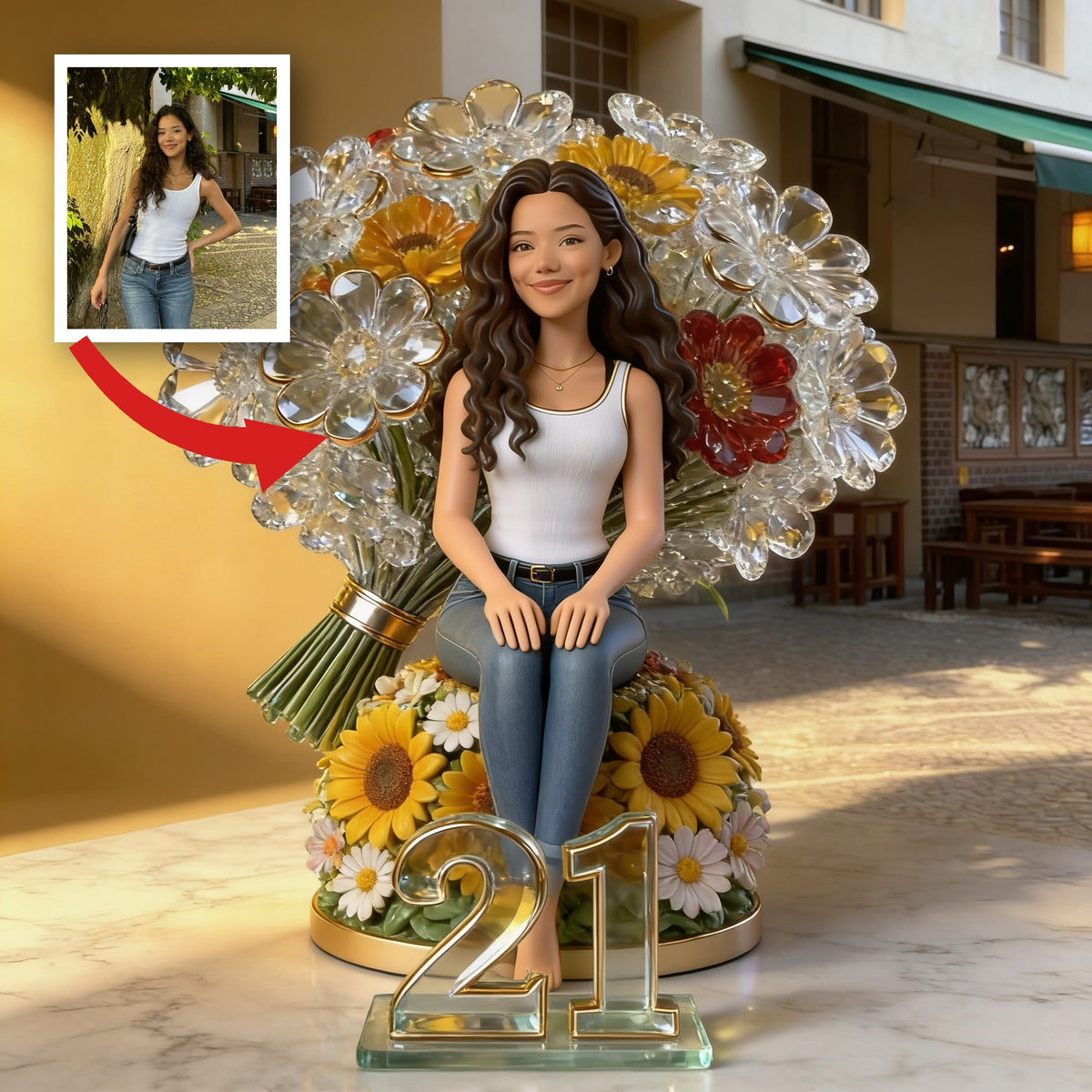 Plaque Acrylique Personnalisée Anniversaire 21 ans Femme Latina avec Bouquet de Fleurs