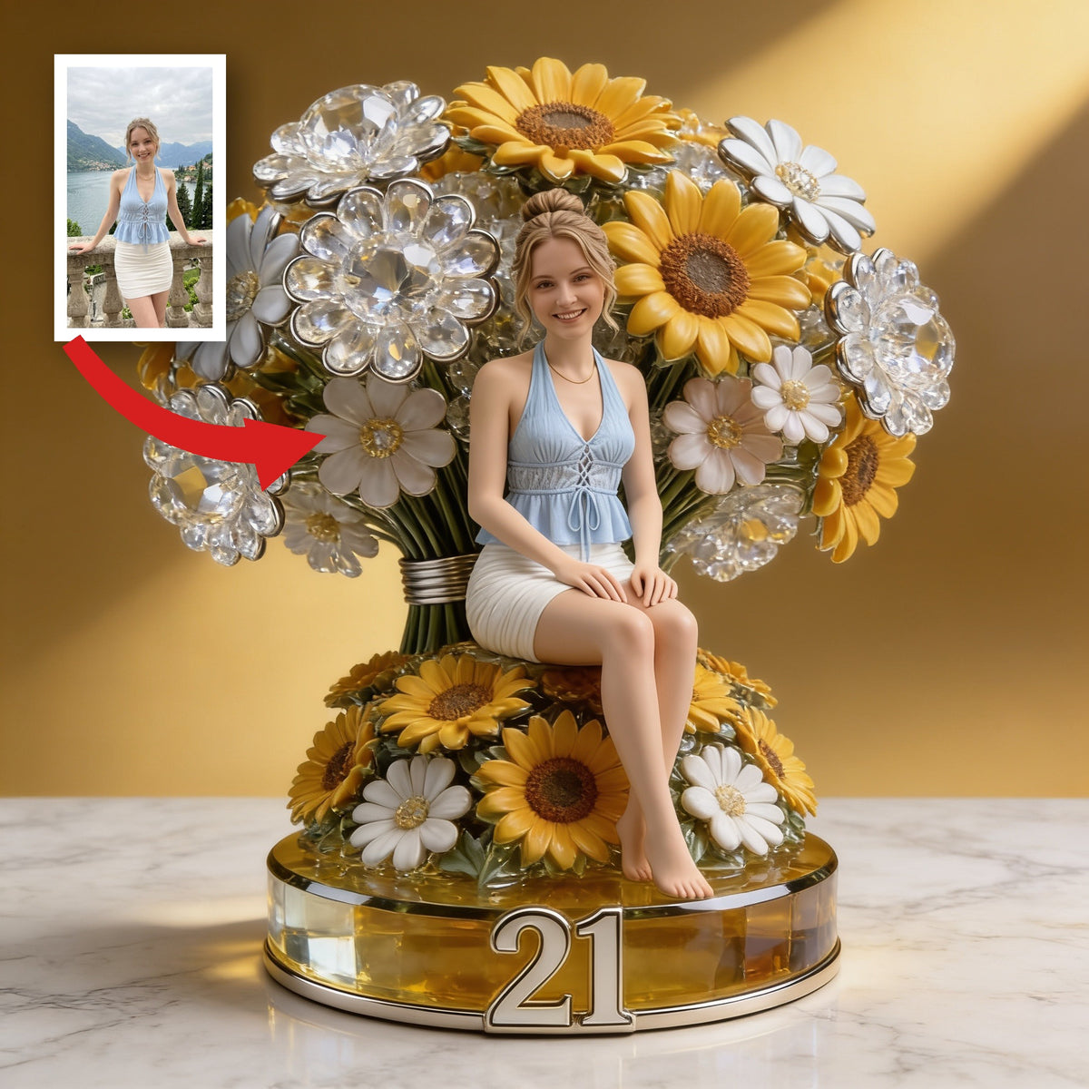 Plaque Acrylique Personnalisée Anniversaire 21 Femme avec Tournesols, Cadeau pour Elle