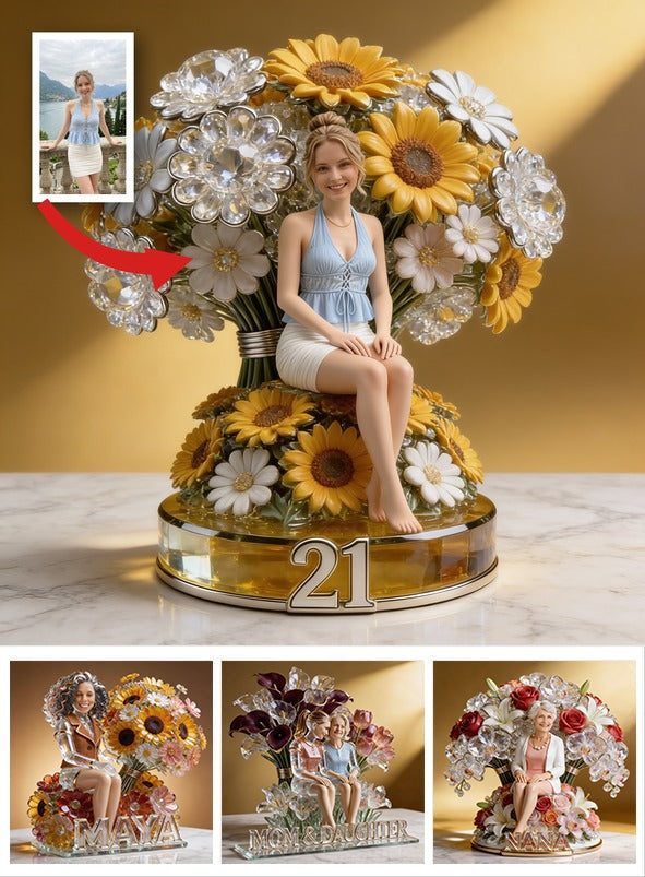 Plaque Acrylique Personnalisée Anniversaire 21 Femme avec Tournesols, Cadeau pour Elle