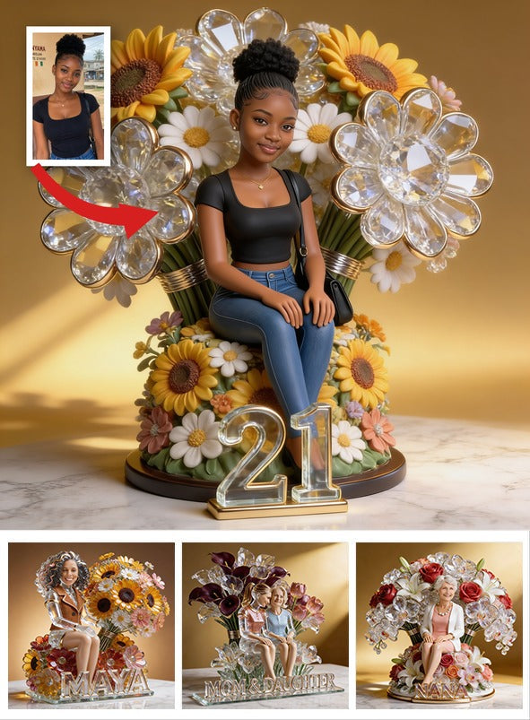 Plaque Acrylique Personnalisée Anniversaire 21 ans Femme Noire Fleurs, Cadeau pour Fille Épouse Copine