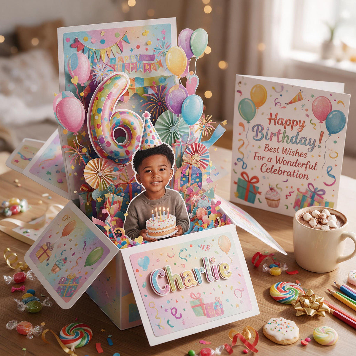 Personalized Birthday Black Little Boy Pop Up Box Card, Gift for Son Grandson Nephew
