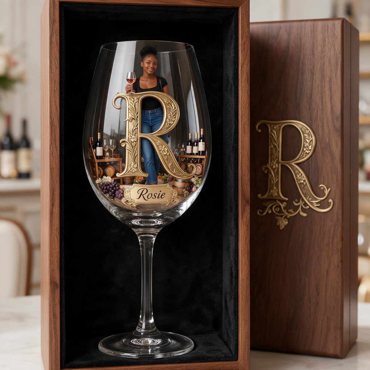 Set de Verres à Vin Personnalisés Femme Noire avec Boîte en Bois, Cadeau Amoureux du Vin