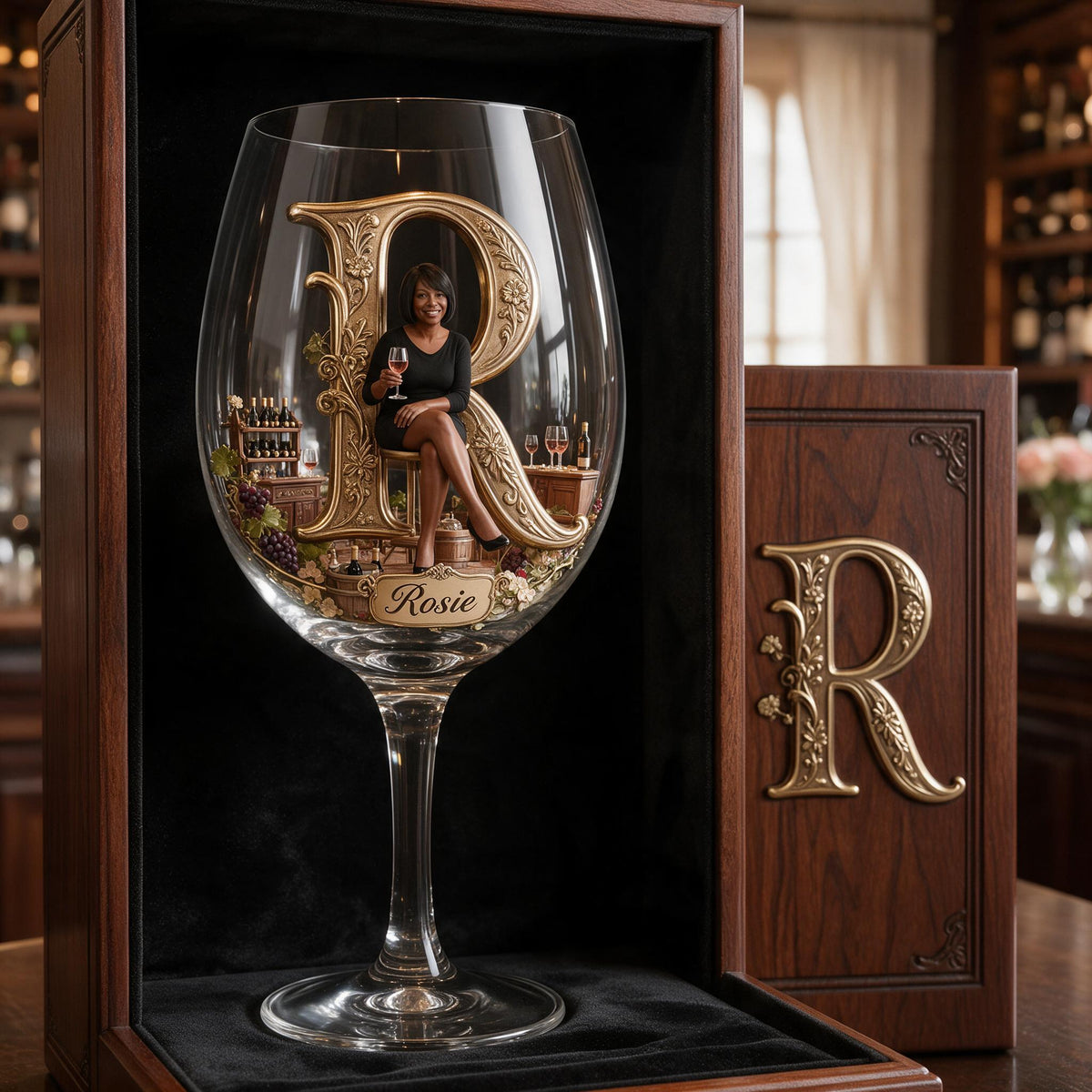 Personalized Initial Older Black Woman Wine Glass Set With Wooden Box, Wine Lover Gift