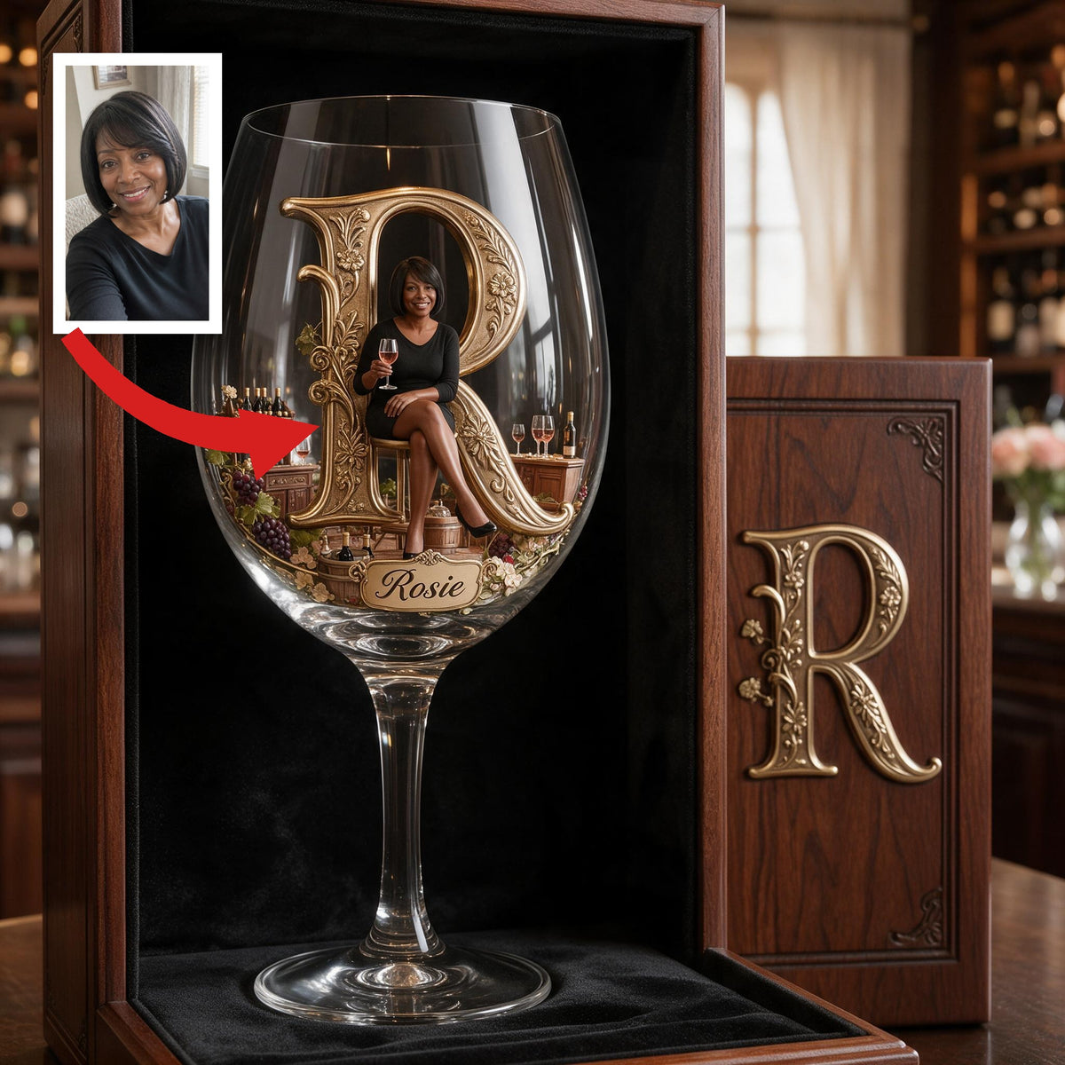 Personalized Initial Older Black Woman Wine Glass Set With Wooden Box, Wine Lover Gift
