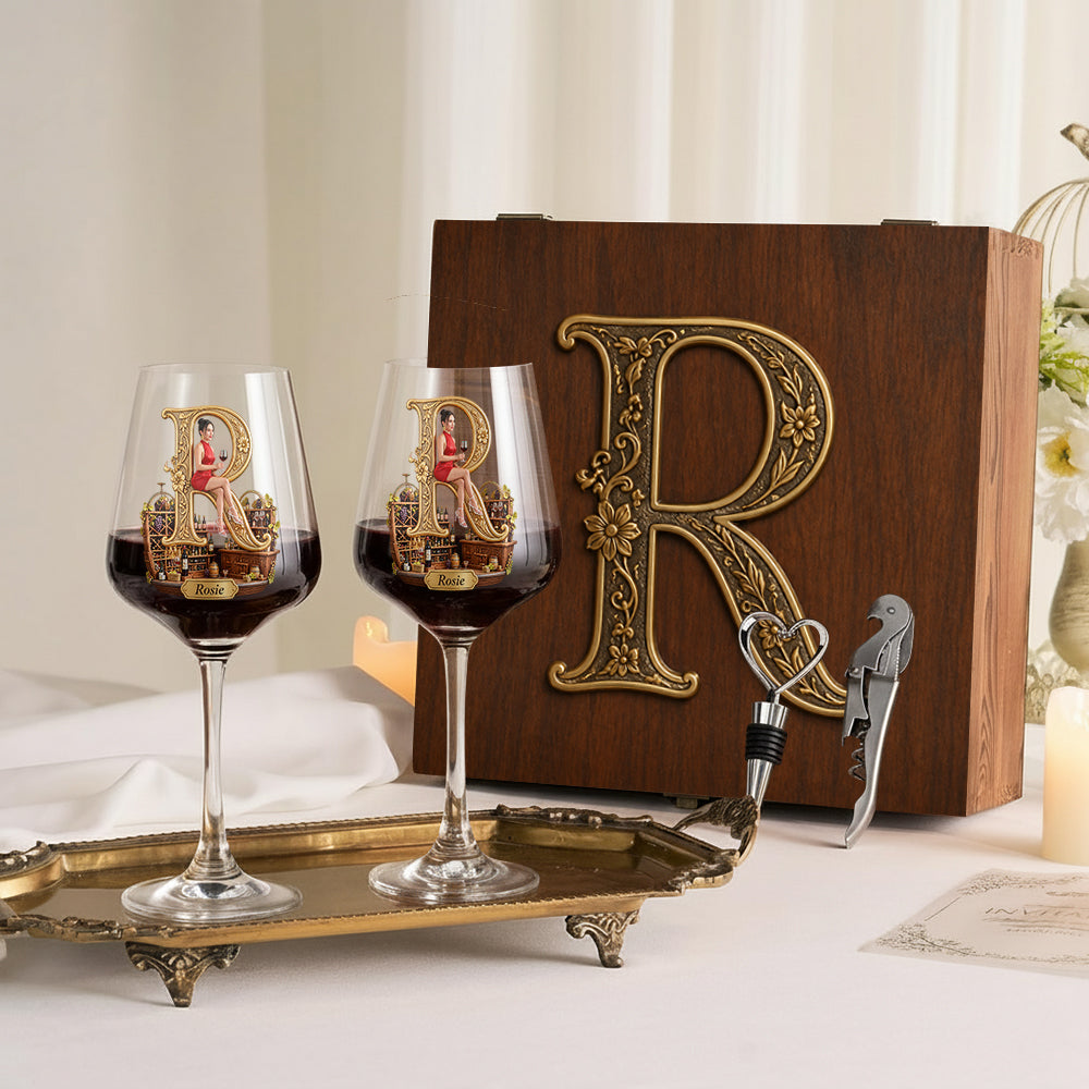 Personalized Older Woman Initial Wine Glass Set with Wooden Box Gift for Wine Lovers