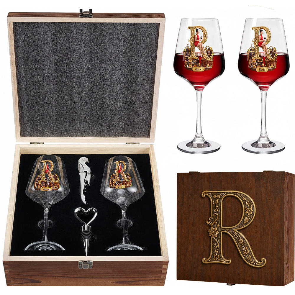Personalized Older Latina Woman Initial Wine Glass Set, Wine Lover Gift