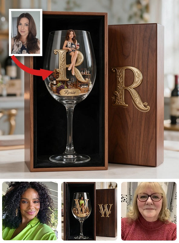 Personalized Older Woman Initial Wine Glass Set with Wooden Box Gift for Wine Lovers