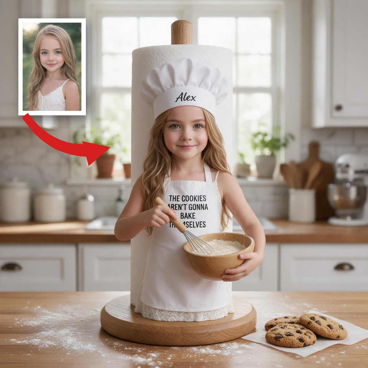 Support à essuie-tout personnalisé Petite Fille Pâtissière, Cadeau de Cuisine pour Fille ou Petite-Fille