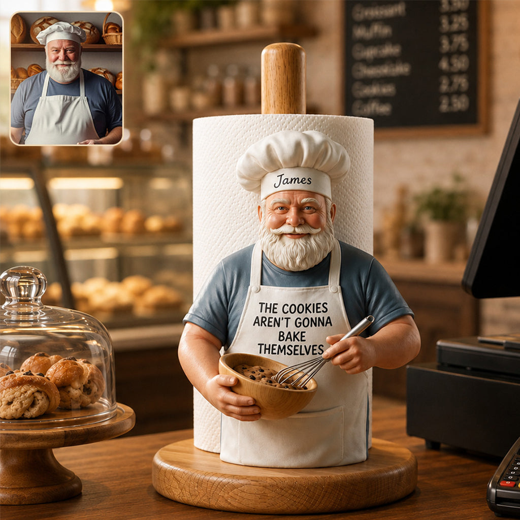 Custom Photo Older Latina Baking Chef Paper Towel Stand, Fun Kitchen Decor Gift