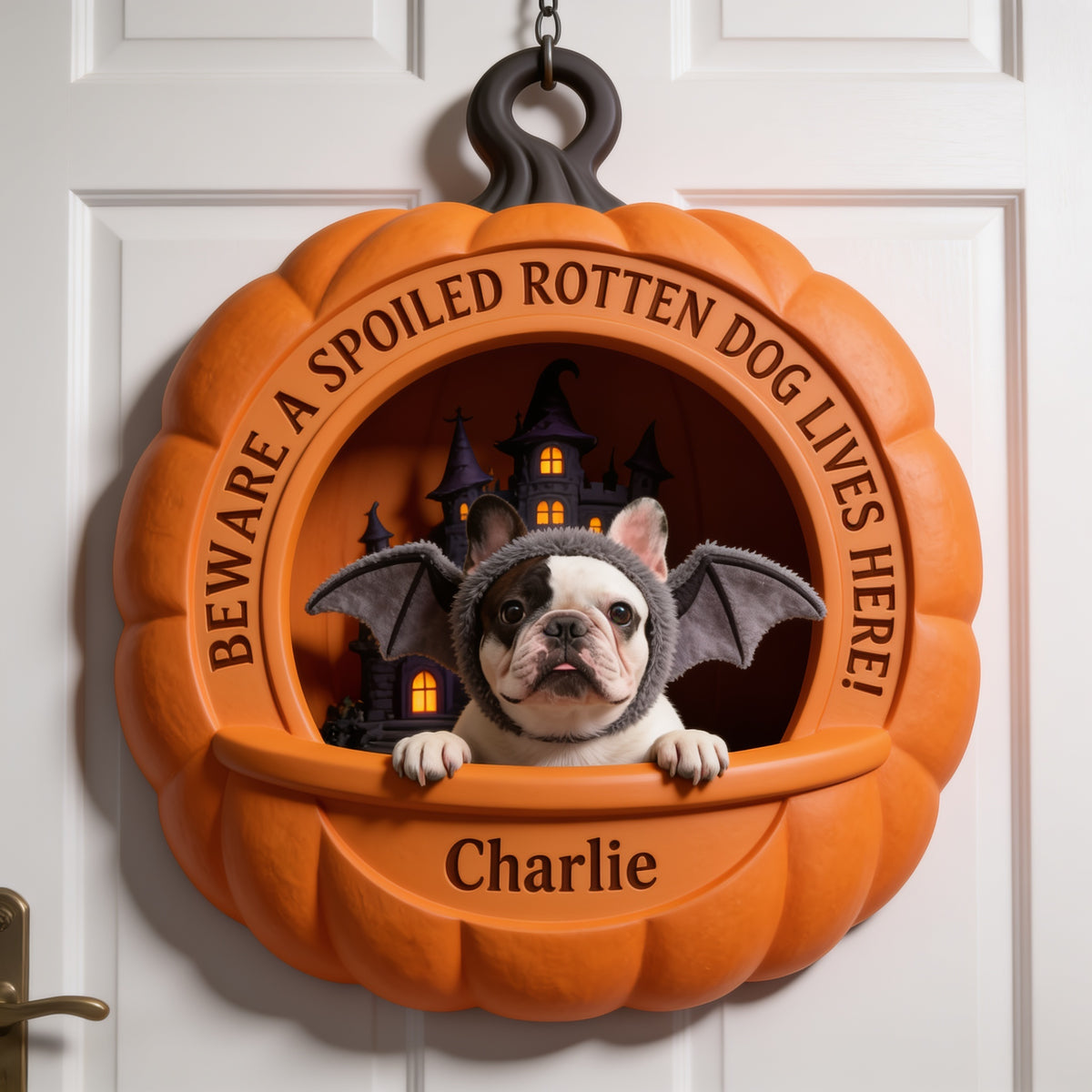 Panneau en Bois Personnalisé Halloween Bouledogue Français Noir et Blanc