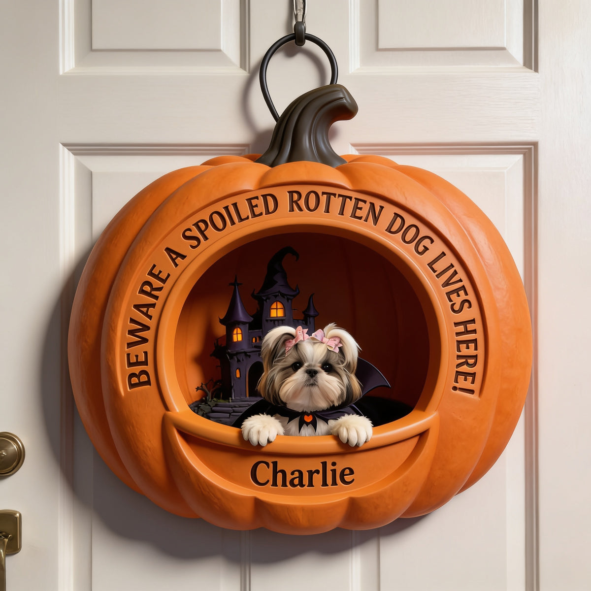 Personalized Halloween Shih Tzu Pink Bow Pumpkin Shaped Wood Sign Dog Lover Gift