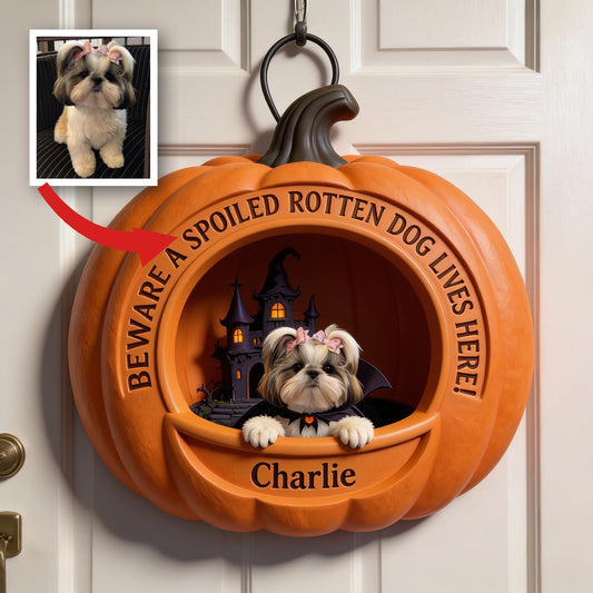 Personalized Halloween Shih Tzu Pink Bow Pumpkin Shaped Wood Sign Dog Lover Gift