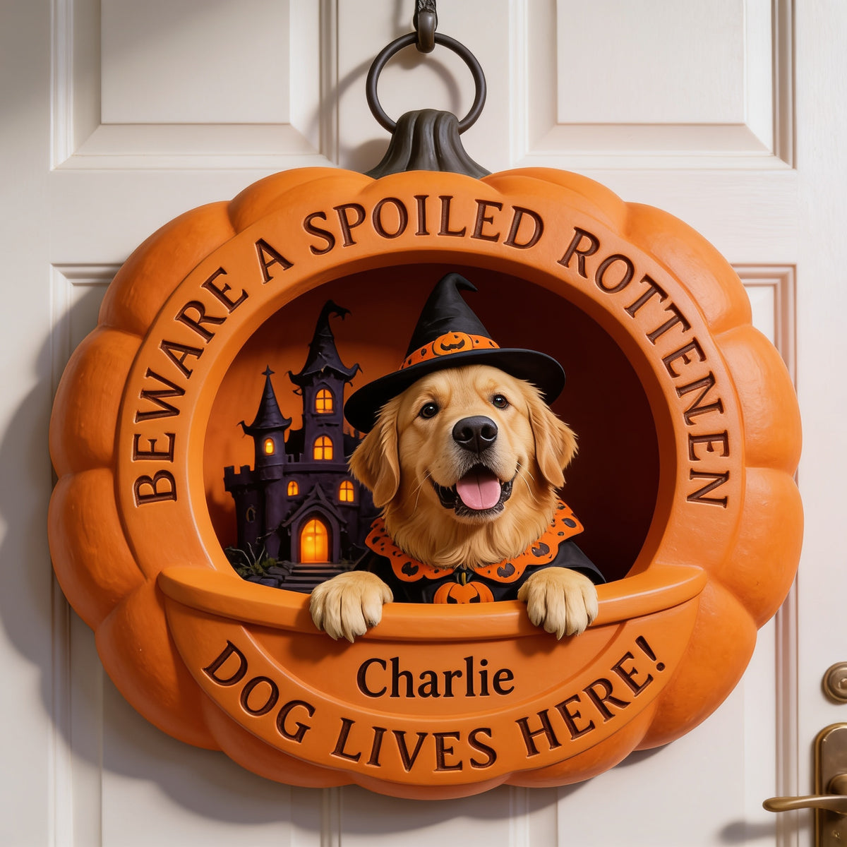 Panneau en bois en forme de citrouille personnalisé pour Halloween, cadeau pour amoureux des chiens