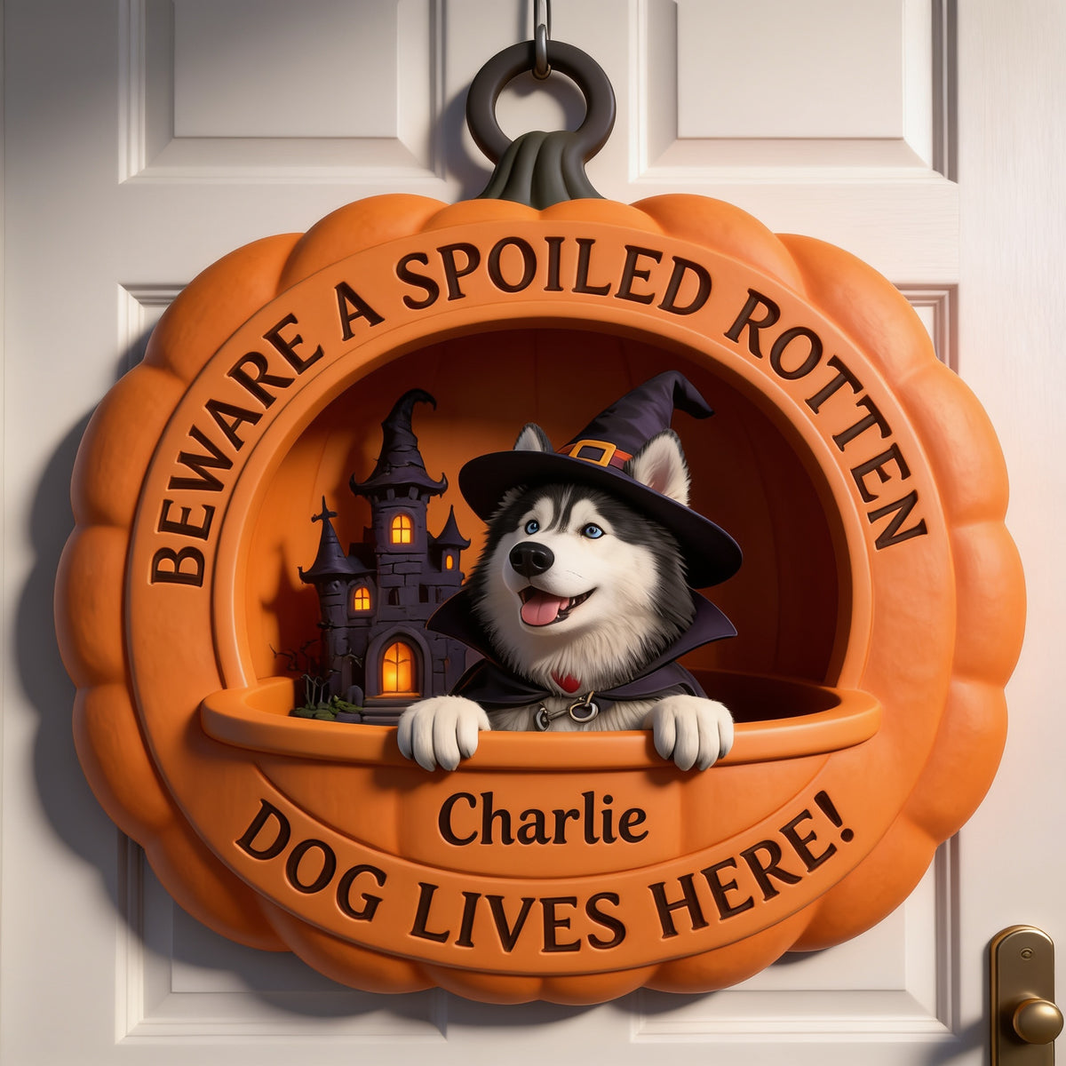 Panneau en Bois Personnalisé Halloween Husky Sibérien aux Yeux Bleus