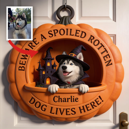 Personalized Halloween Blue Eyed Siberian Husky Pumpkin Shaped Wood Sign Home Decor