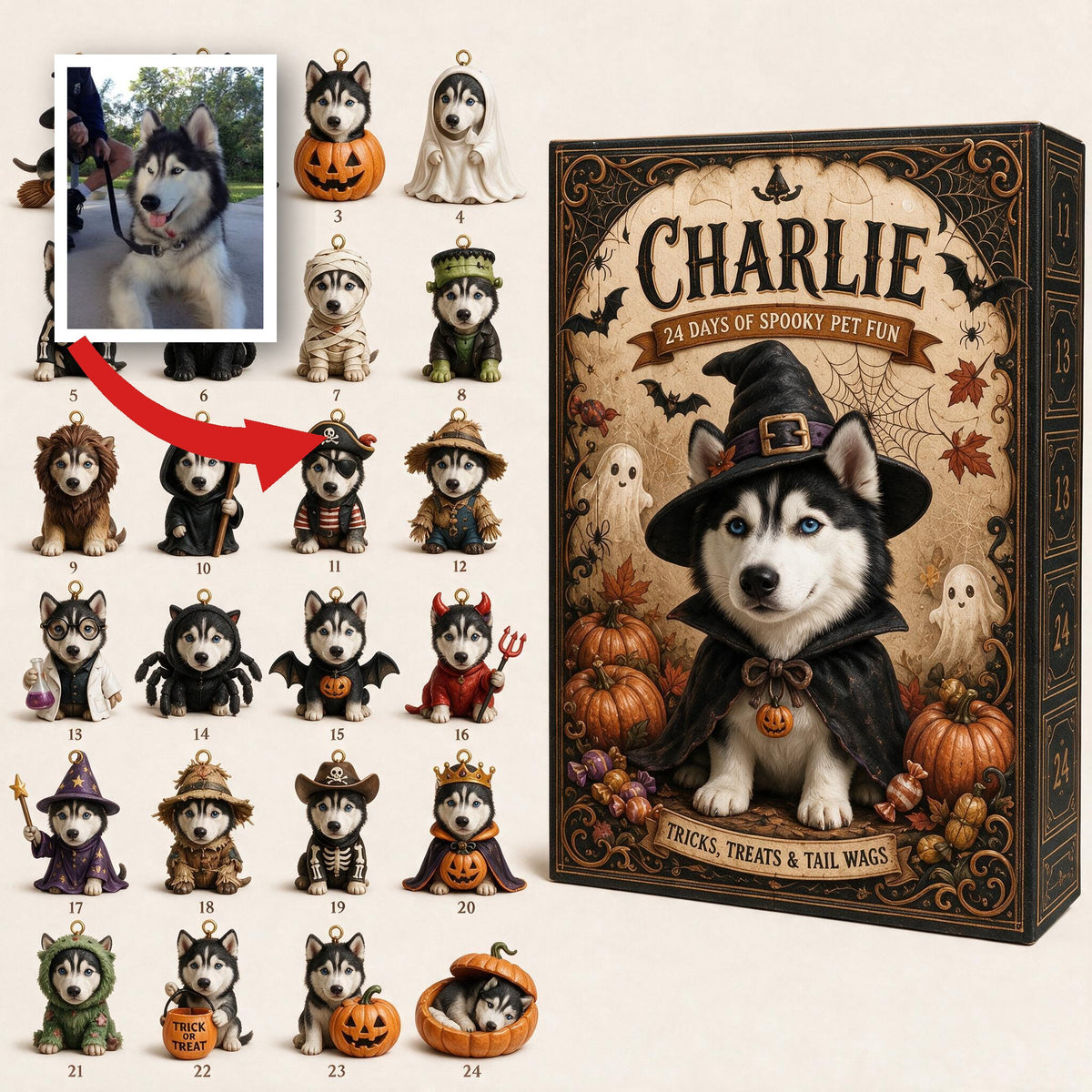 Calendrier de l'Avent Personnalisé Husky Sibérien Noir & Blanc