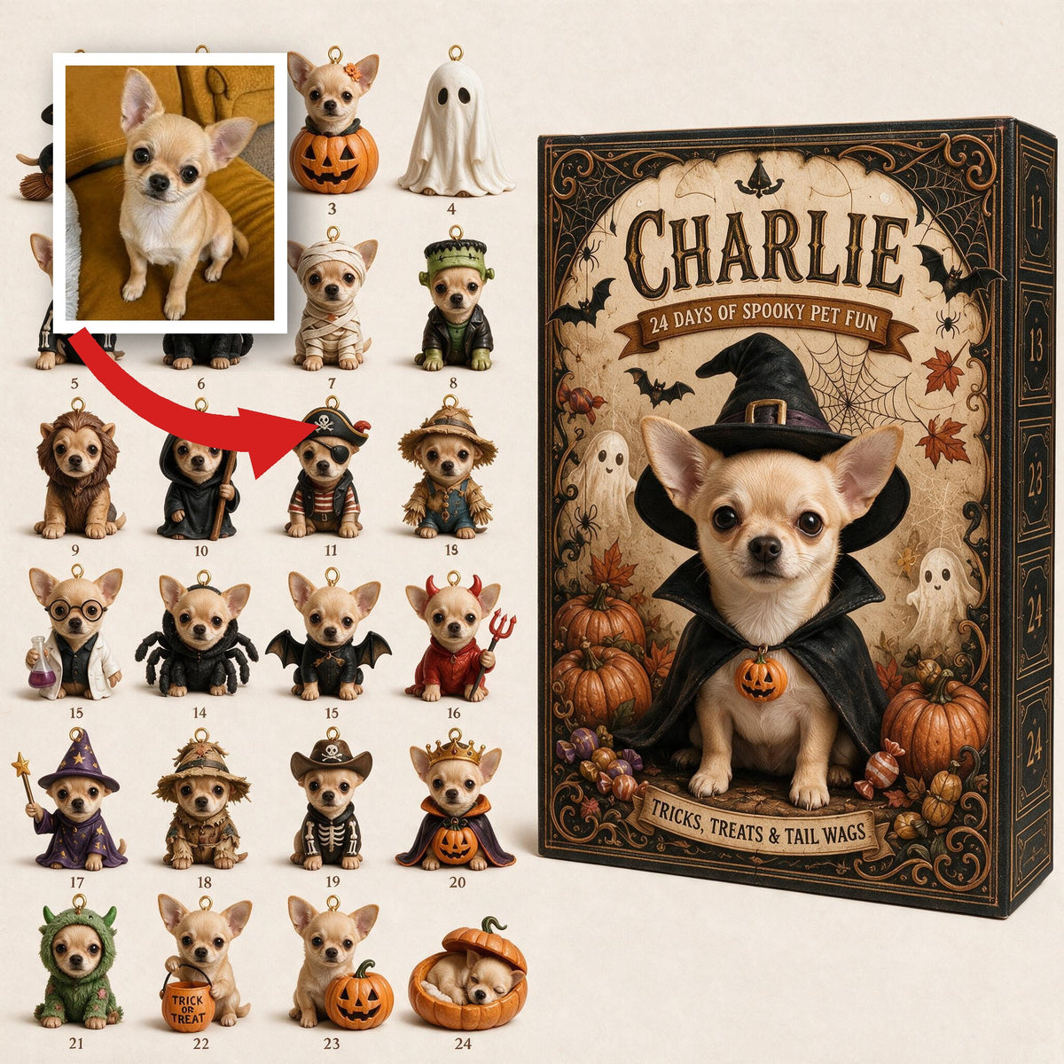 Calendrier de l'Avent Personnalisé Halloween Fawn Chihuahua Avec Mini Ornements Cadeau Amoureux des Chiens