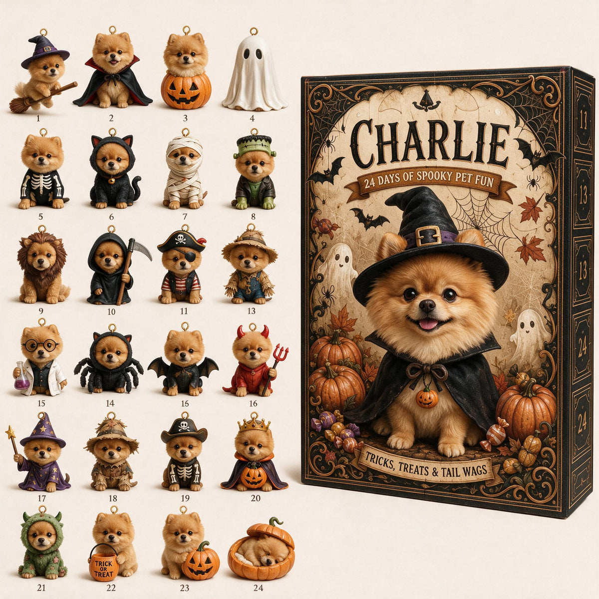 Personalized Halloween Fluffy Golden Pomeranian Advent Calendar with Mini Ornaments, Dog Lover Gift