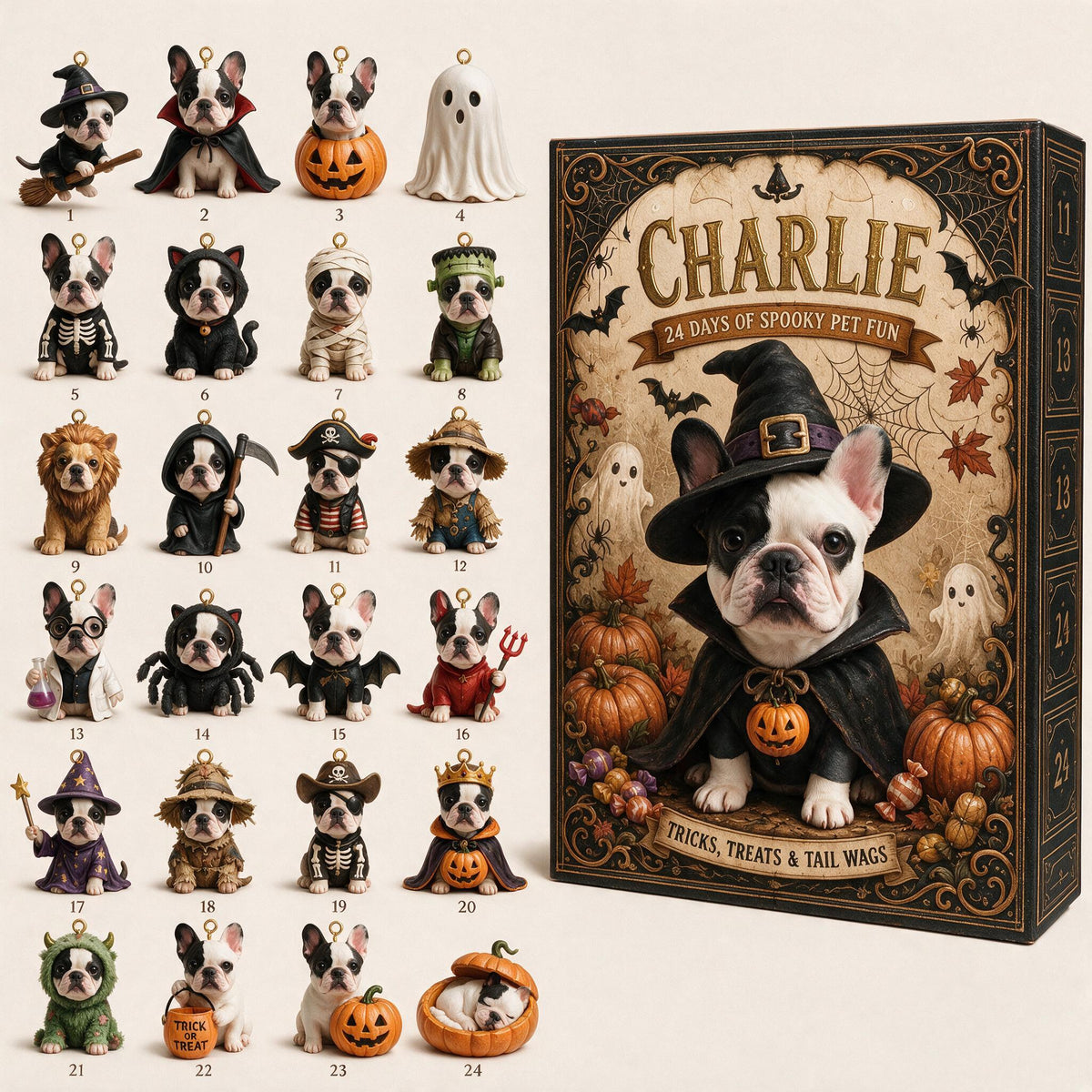 Personalized Halloween Black and White French Bulldog Advent Calendar with Ornaments