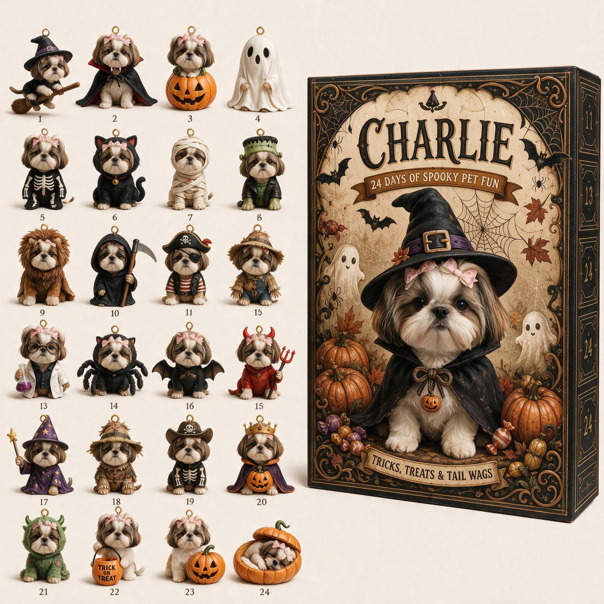 Personalized Halloween Fluffy Shih Tzu Advent Calendar with Mini Ornaments, Pet Lover Gift