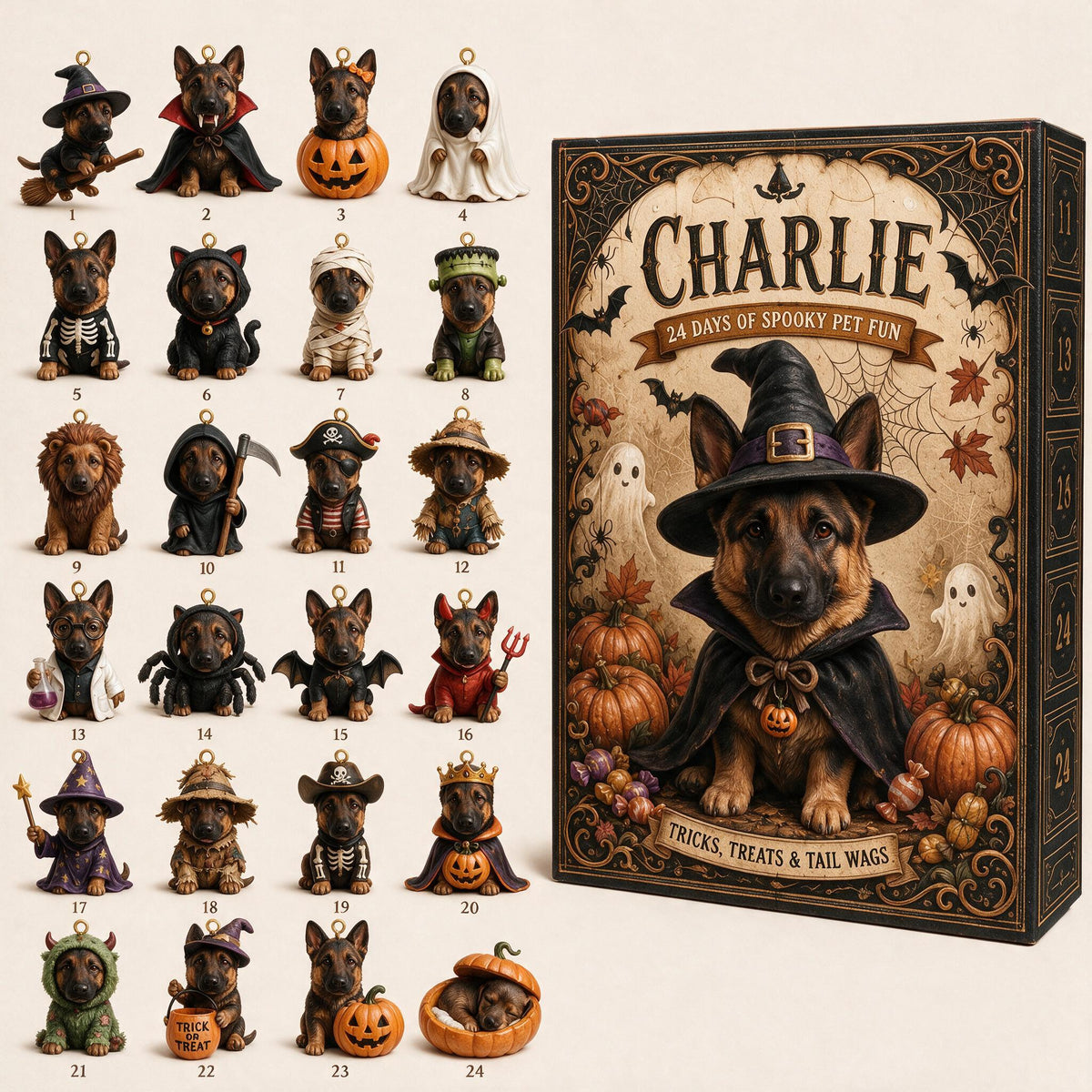Calendrier de l'Avent Personnalisé pour Halloween Berger Allemand Noir et Feu avec Ornements