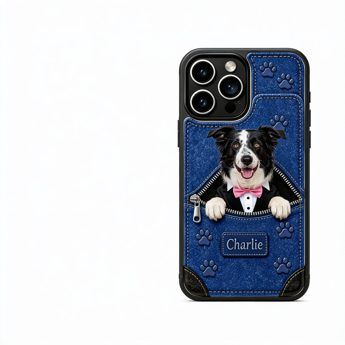 Personalized Black and White Border Collie Pink Bow Tie Wallet Phone Case Dog Lover Gift