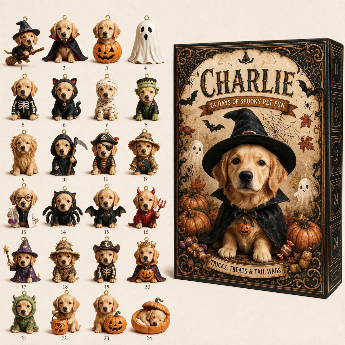 Personalized Halloween Golden Retriever Advent Calendar with Mini Ornaments