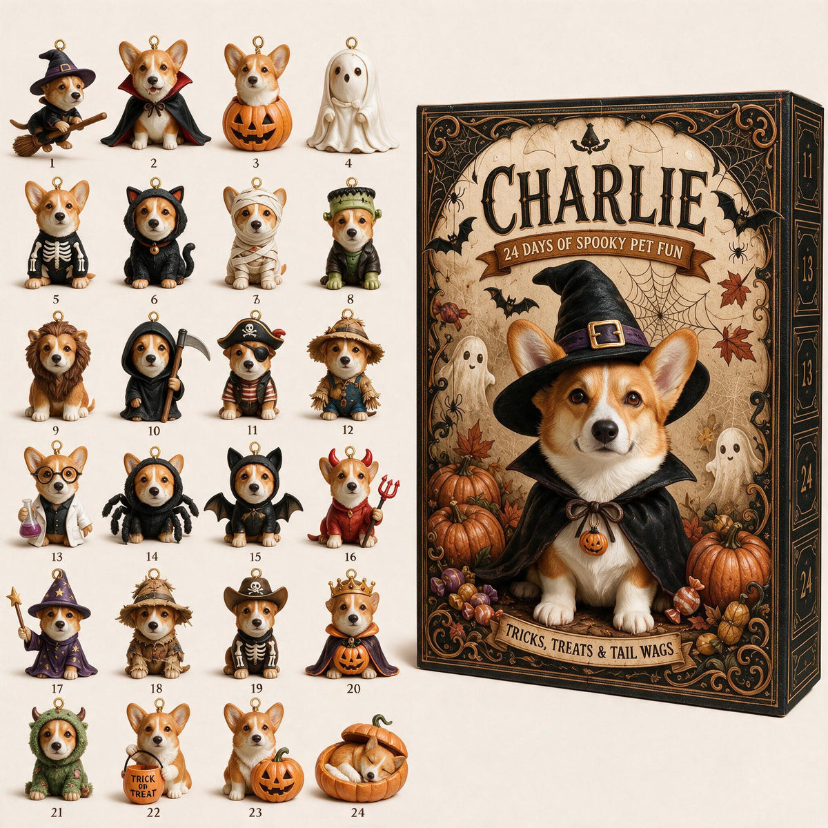 Personalized Halloween Tan and White Pembroke Welsh Corgi Advent Calendar with Mini Ornaments