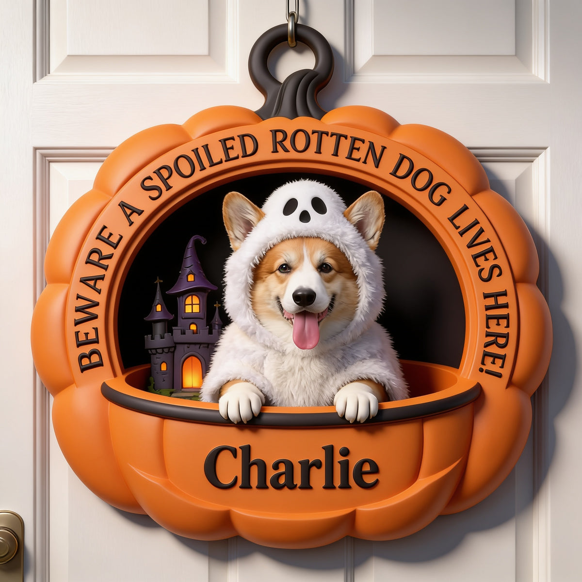 Personalized Halloween Tan & White Pembroke Welsh Corgi Pumpkin Shaped Wood Sign