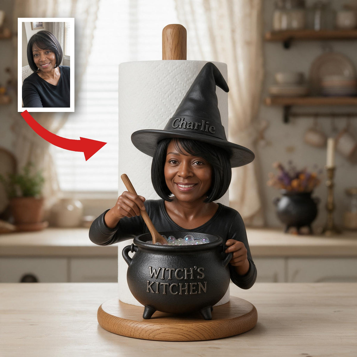 Personalized Older Black Witch Grandma Paper Towel Stand Kitchen Decor