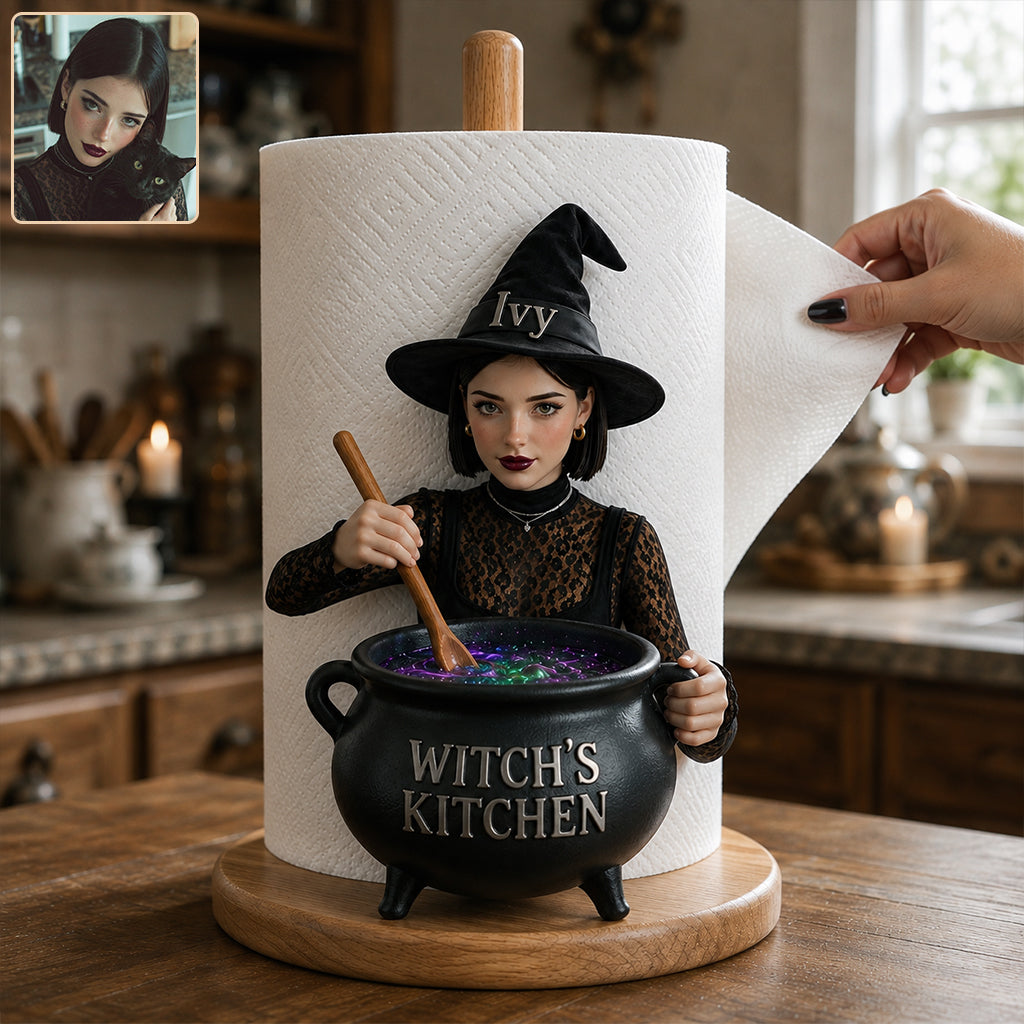 Personalized Black Woman Witch Paper Towel Stand, Witch's Kitchen Decor Gift