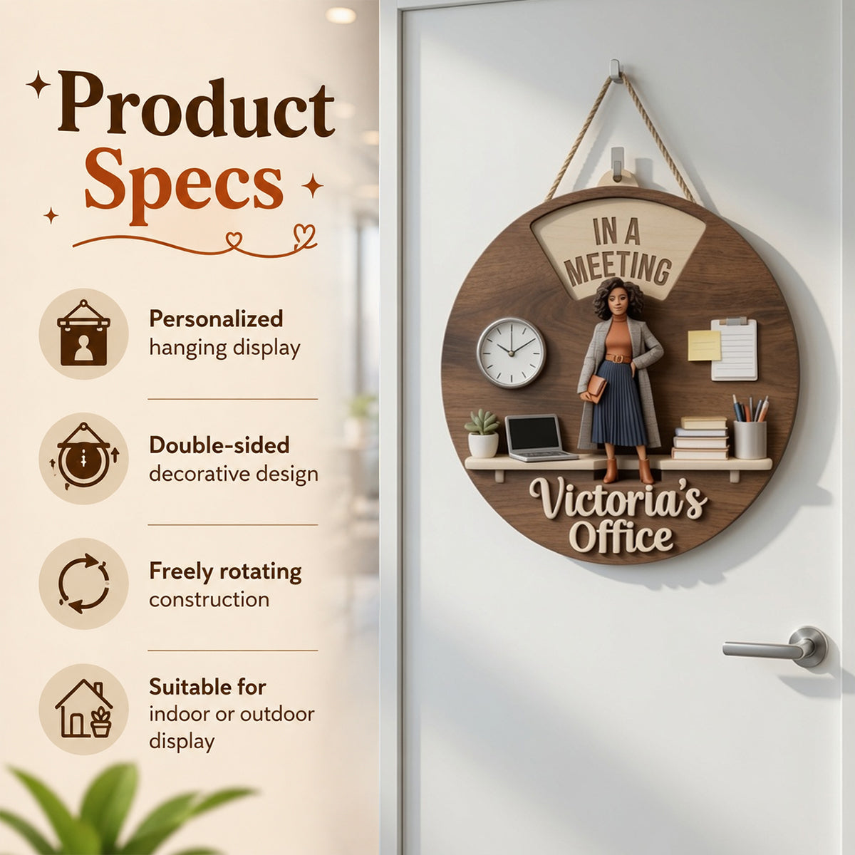 Custom Photo Latina Woman Office Spinner Sign Work Status Door Decor Gift
