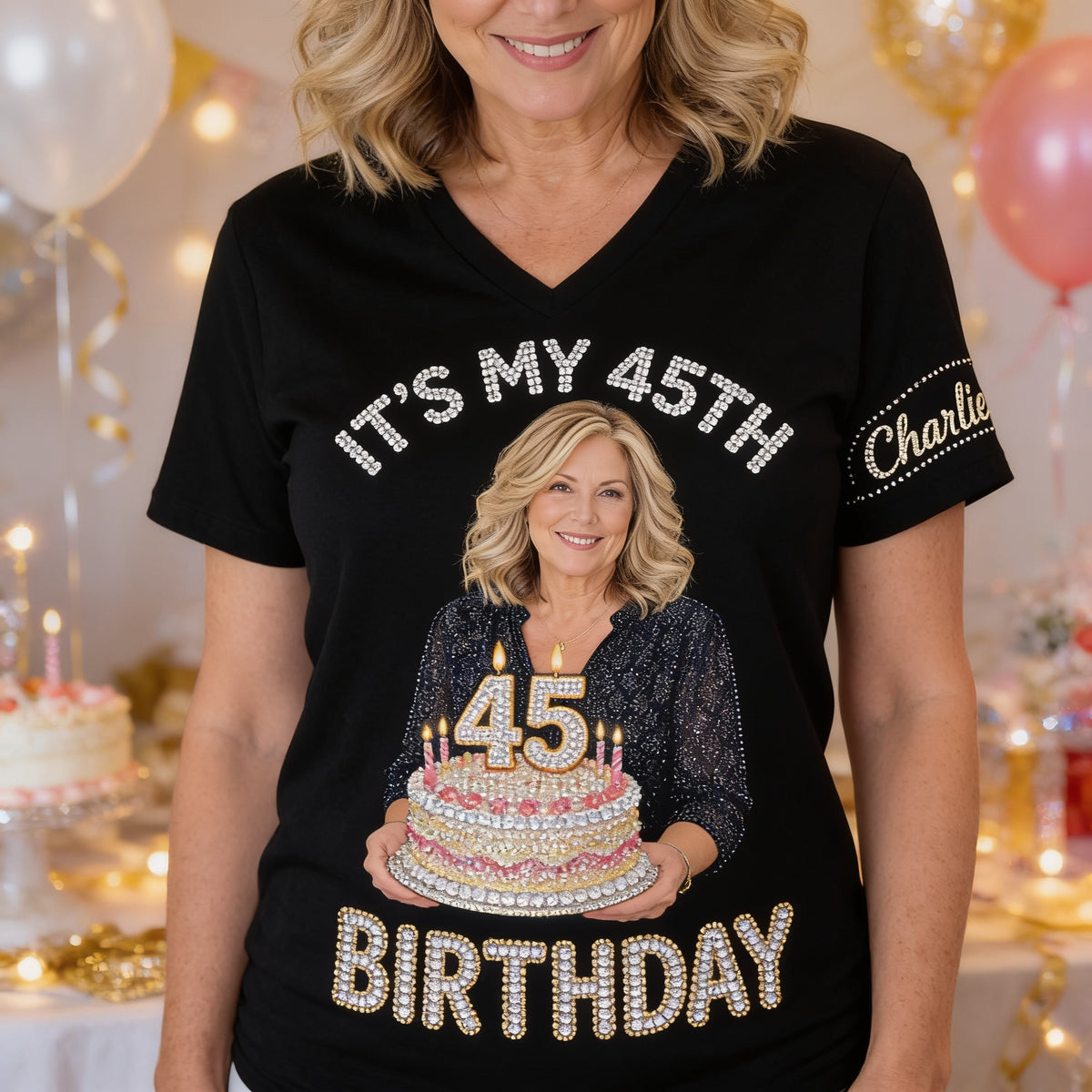 Personalized 45th Birthday Middle-Aged Woman V-Neck T-Shirt Gift