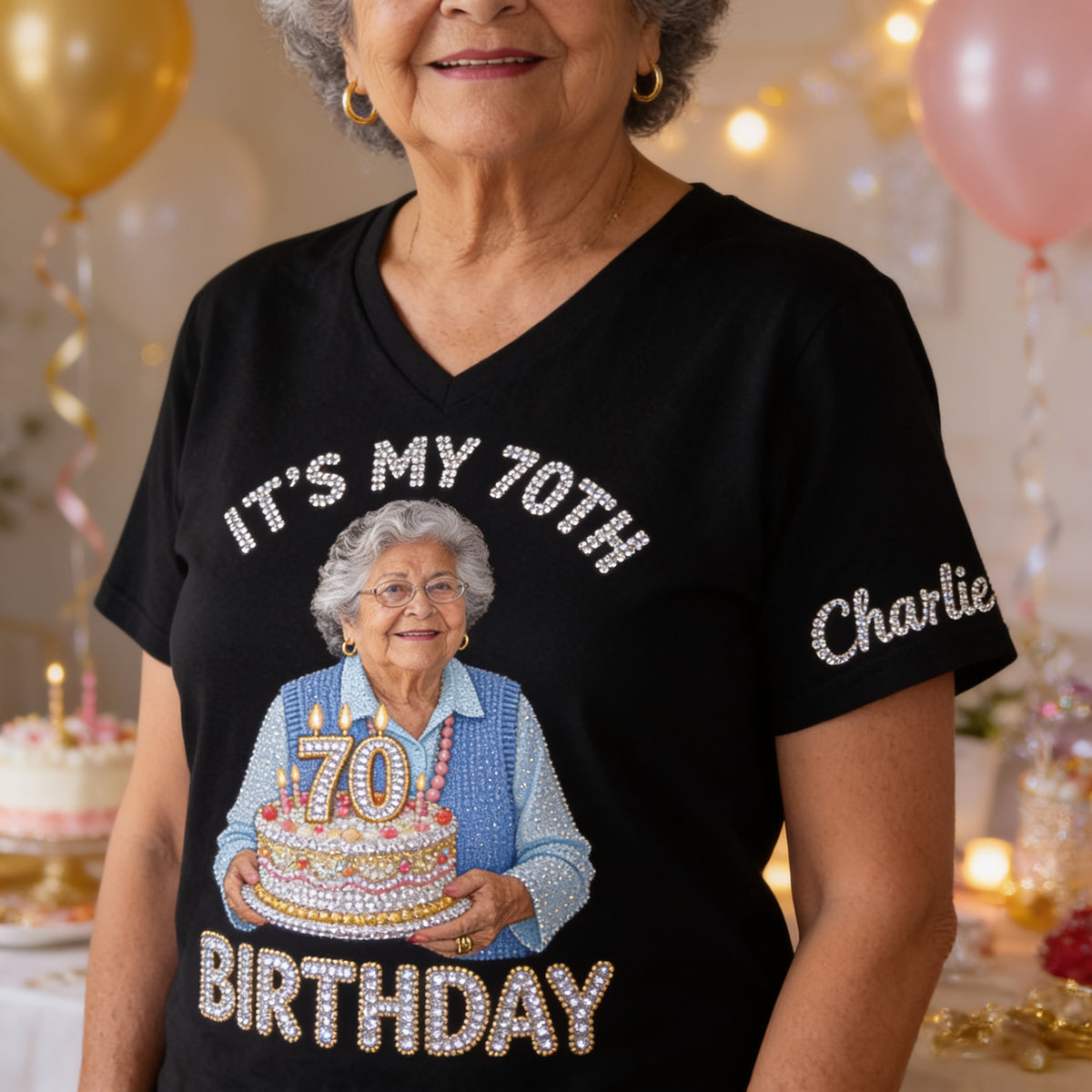 Personalized 70th Birthday Older Latina Woman V-Neck T-Shirt, Gift for Grandma Mom Wife