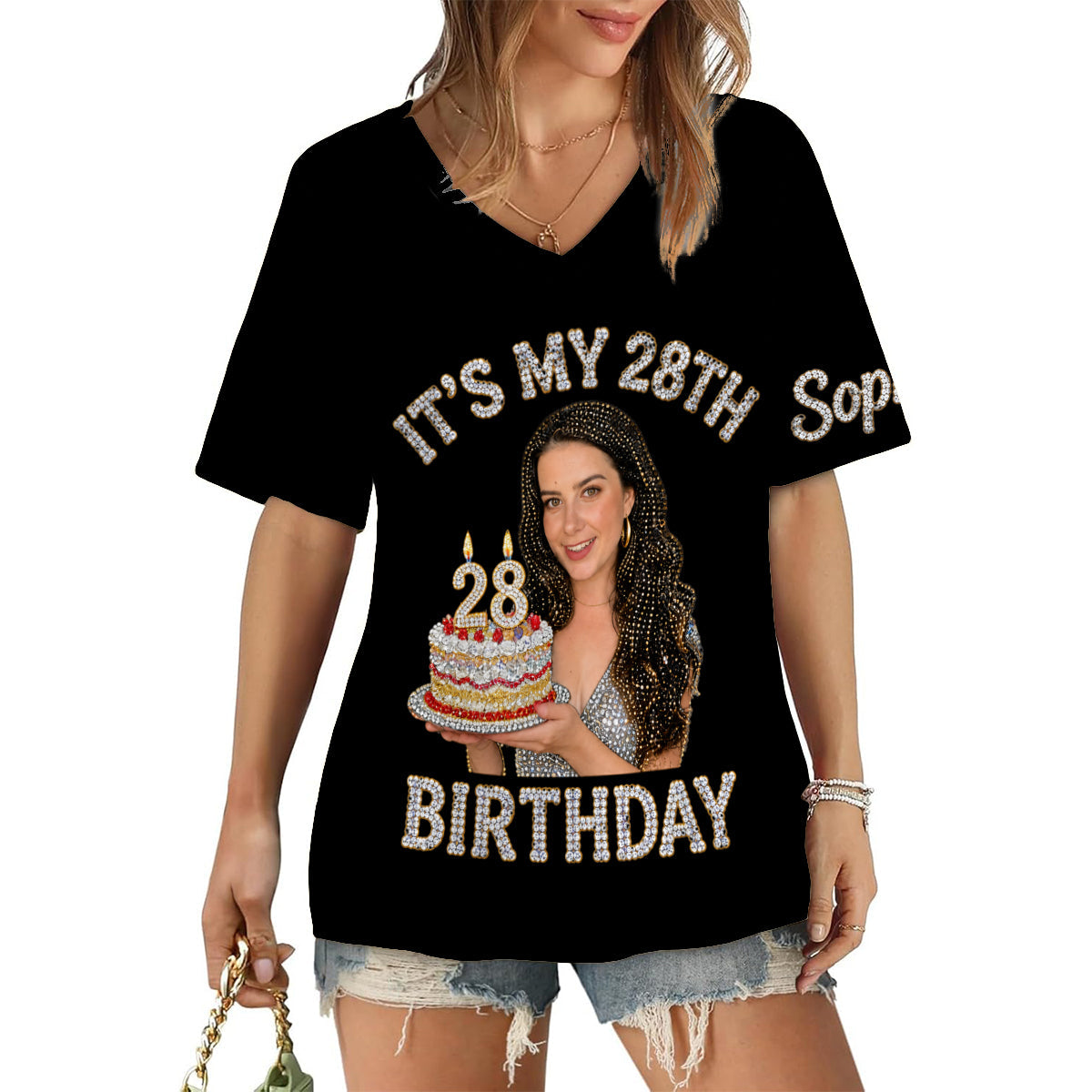 Personalized 45th Birthday Middle-Aged Black Woman V-Neck T-Shirt Birthday Gift