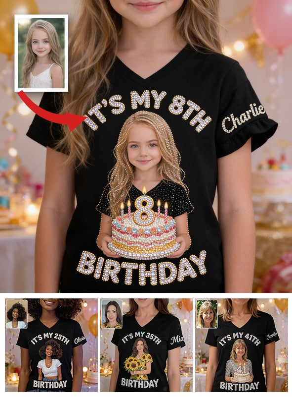 T-shirt V-Neck Anniversaire Personnalisé Petite Fille Cadeau pour Fille Petite-Fille Nièce