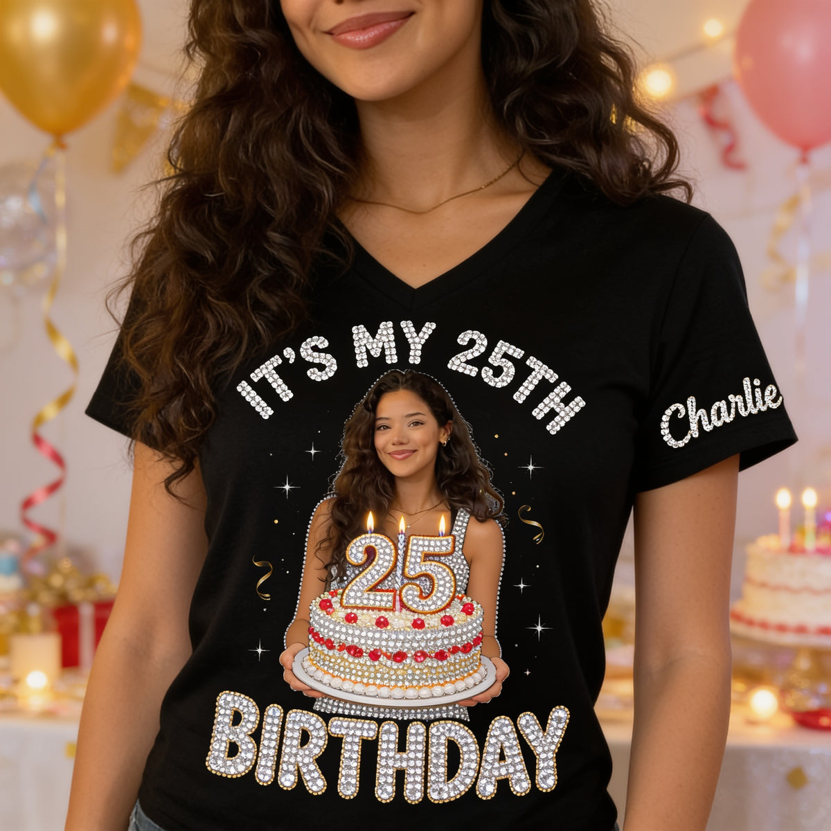 Personalized 25th Birthday Latina Woman V-Neck T-Shirt Birthday Gift
