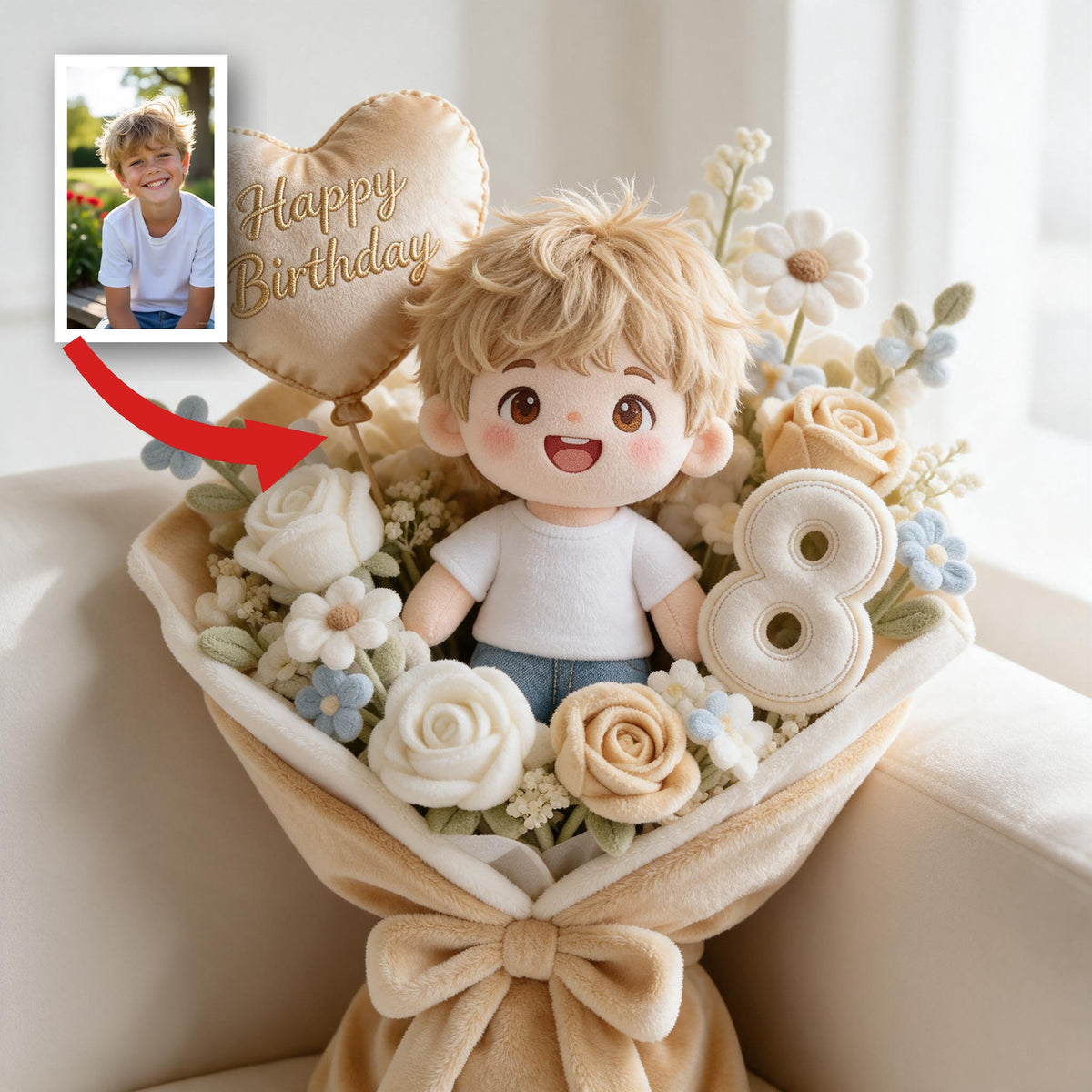 Coussin en fausse fourrure personnalisé pour le 8ème anniversaire d'un petit garçon