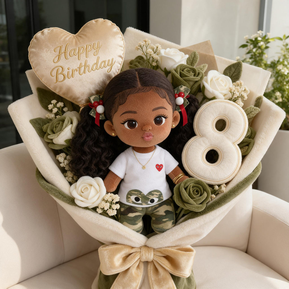 Personalized 8th Birthday Black Little Girl Faux Fur Pillow Bouquet Gift