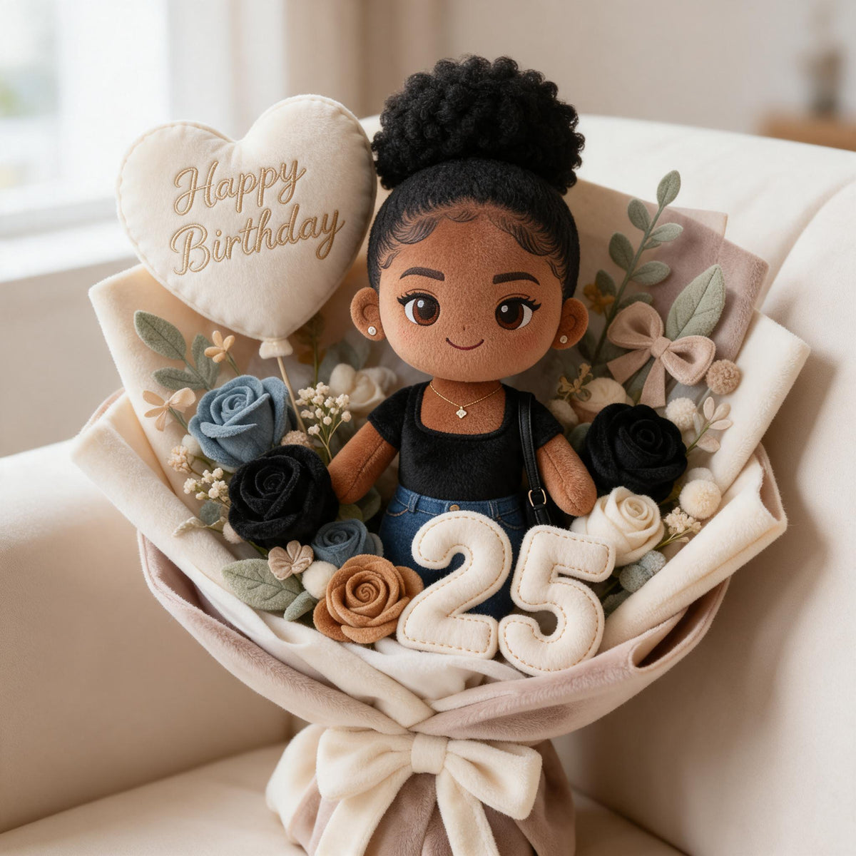 Personalized 25th Birthday Black Woman Bouquet Faux Fur Pillow Birthday Gift