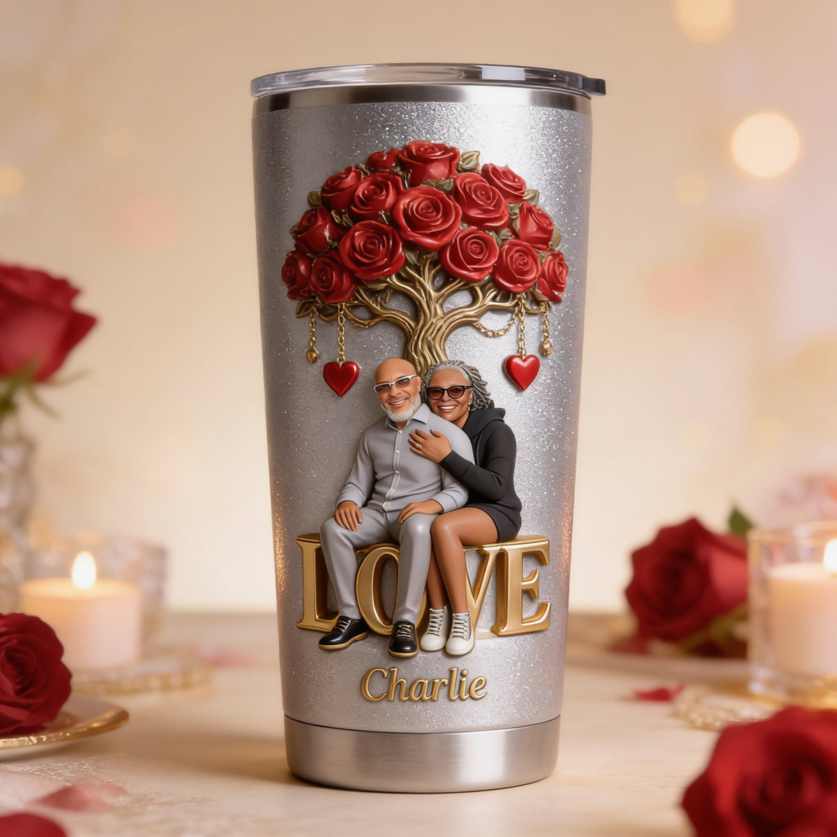 Personalized Middle-Aged Black Couple Tumbler, Romantic Husband & Wife Gift