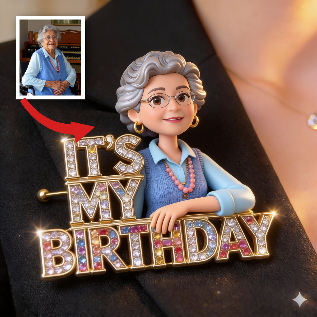Épinglette en acrylique émaillée photo personnalisée pour le 70e anniversaire d'une femme latina