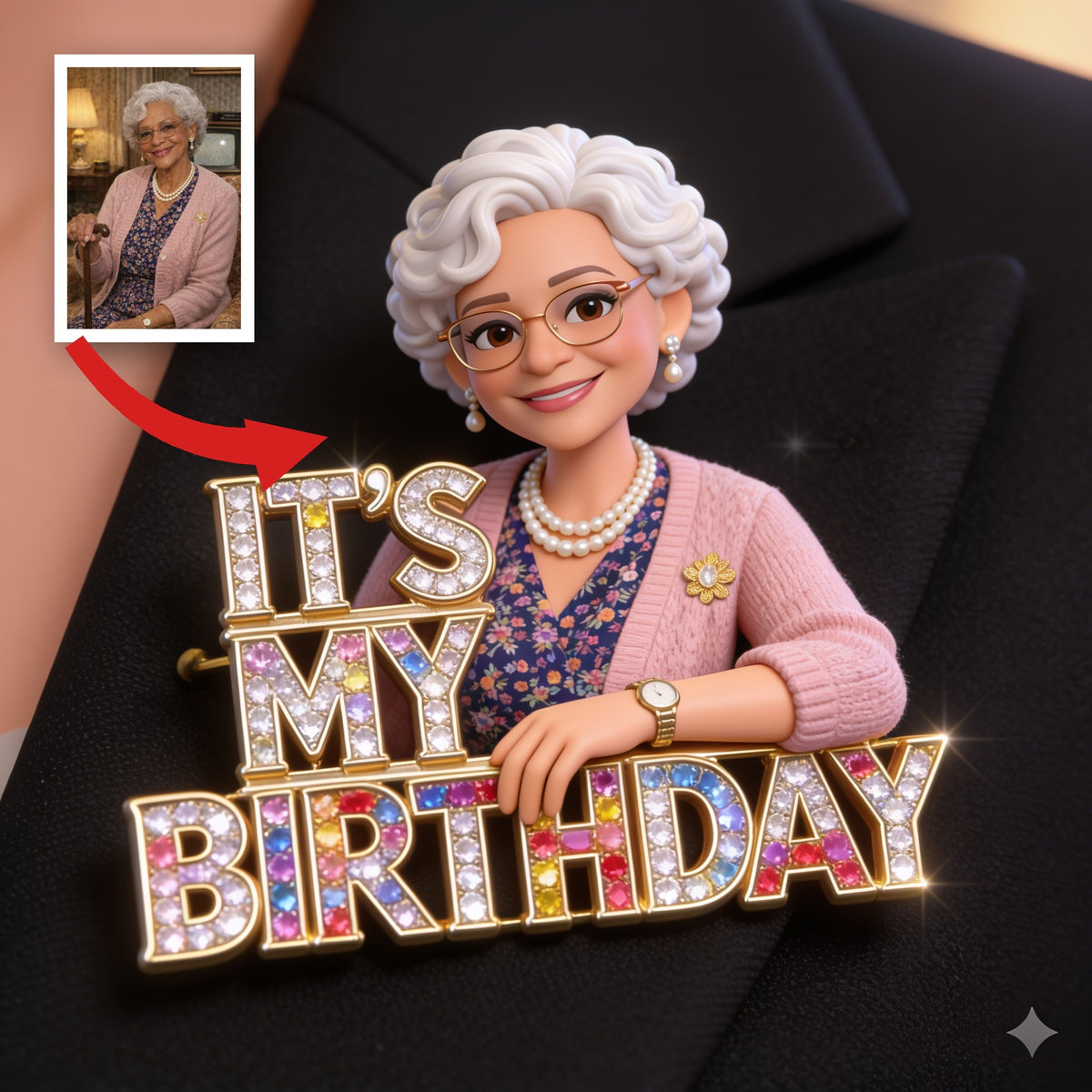 Custom Photo 70th Birthday Older Black Woman Acrylic Enamel Pin Grandma Gift