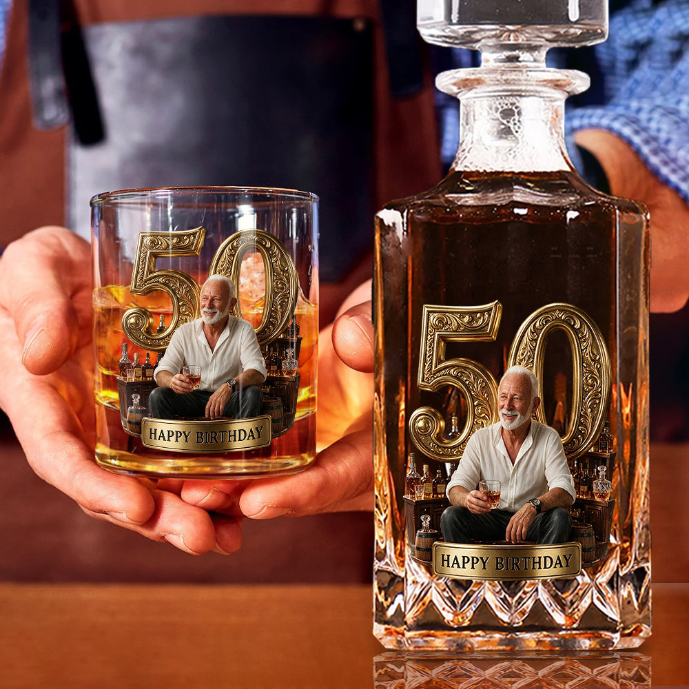 Personalized 45th Birthday Middle-Aged Black Man Whiskey Decanter Set Gift for Dad Grandpa