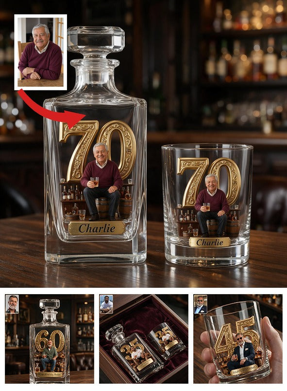 Personalized 70th Birthday Older Latino Man Whiskey Decanter Set, Gift for Dad Husband Grandpa