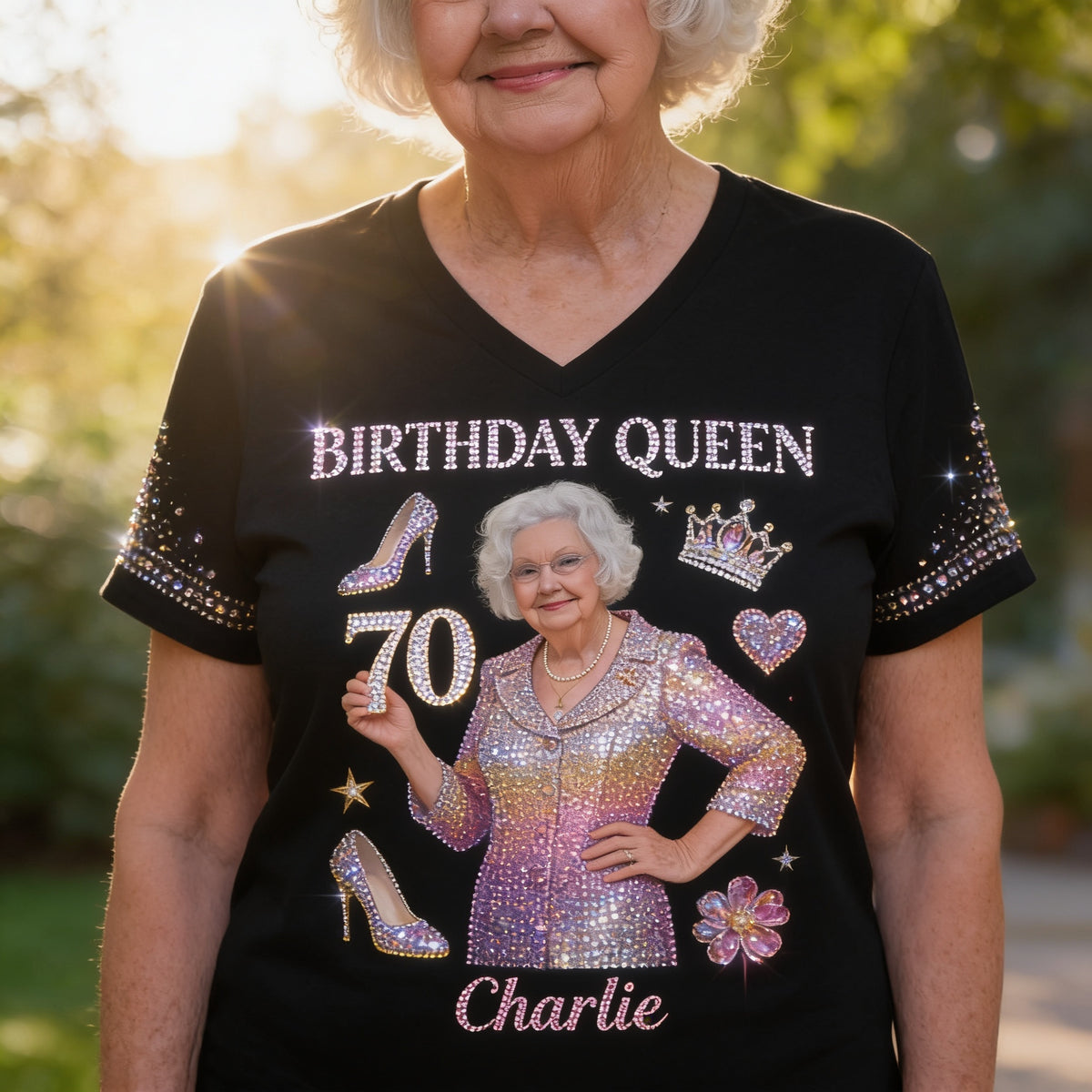Personalized 70th Birthday Older Woman V-Neck T-Shirt Gift