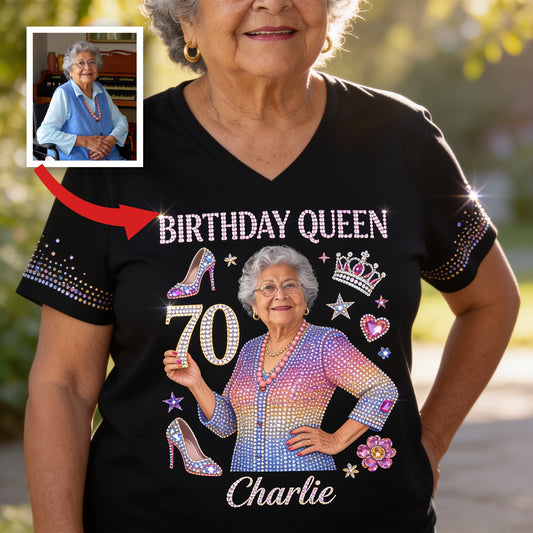 Personalized 70th Birthday Older Latina Woman V-Neck T-Shirt Grandma Gift
